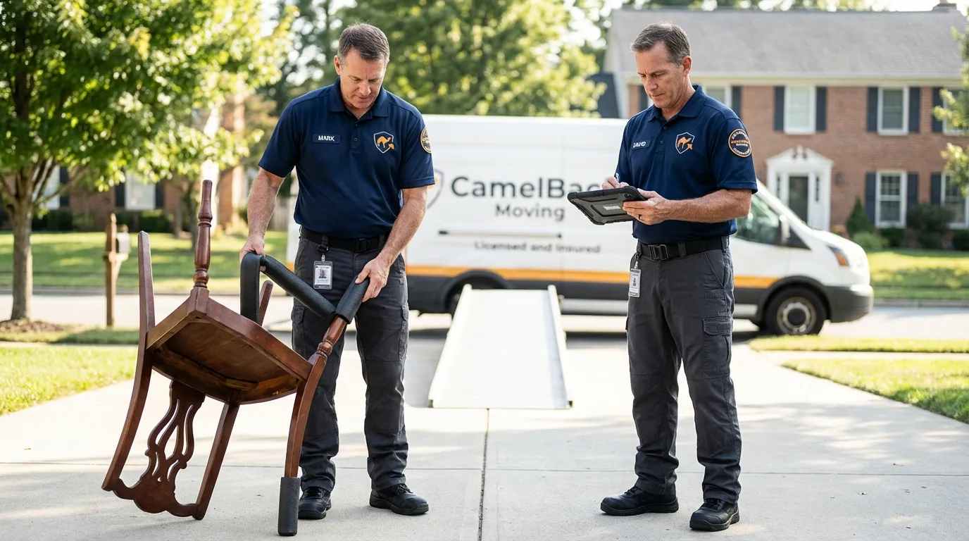 Movers inspecting furniture for damage prevention before loading in Window Rock, AZ